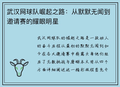 武汉网球队崛起之路：从默默无闻到邀请赛的耀眼明星